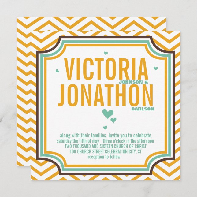 Invitation Mint Jaune moderne Zig Zag Typographie Mariage (Devant / Derrière)