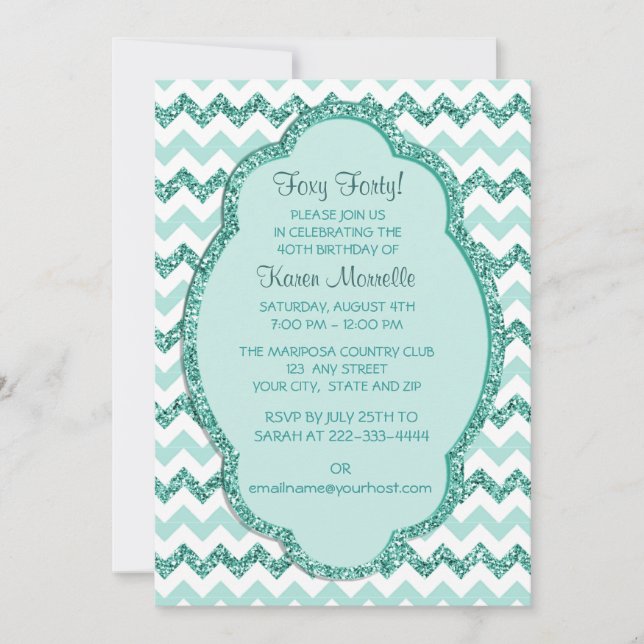 Invitation Mint Sparkle Chevron Fête du 40e anniversaire des  (Devant)