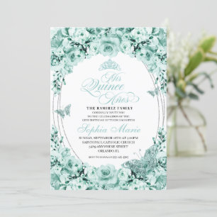 Invitation Mint Vert Argent Floral Tiara Quinceanera