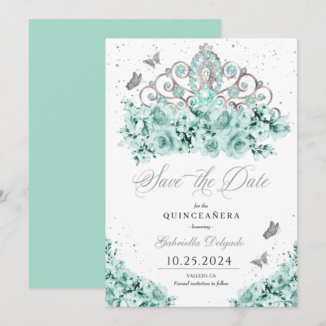 Invitation Mint Vert Argent Tiara Enregistrer La Date Quincea (Devant / Derrière)