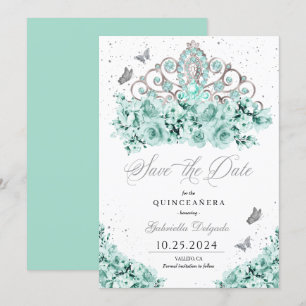 Invitation Mint Vert Argent Tiara Enregistrer La Date Quincea