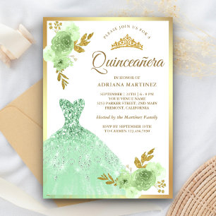 Invitation Mint Vert Floral Robe Étincelle Or Quinceanera