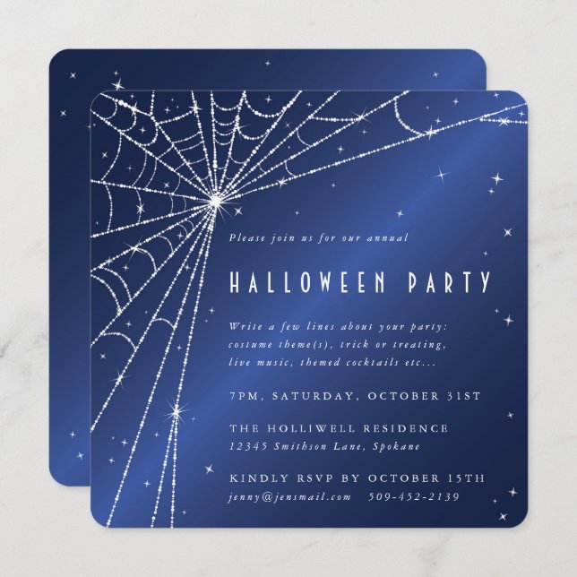 Invitation Minuit Blue Diamond Spider Web Halloween Party (Devant / Derrière)