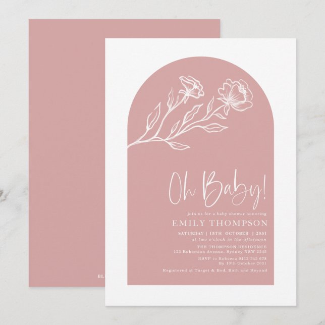 Invitation Minuscule Douche Fille Rose Rose Dusty Line (Devant / Derrière)