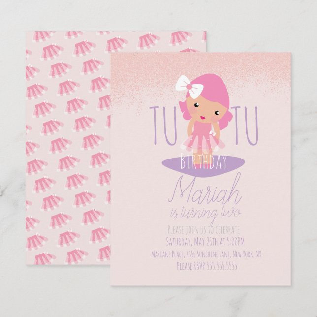 Invitation Minuscule Tutu fille's Birthday Cartoon Parties sc (Devant / Derrière)