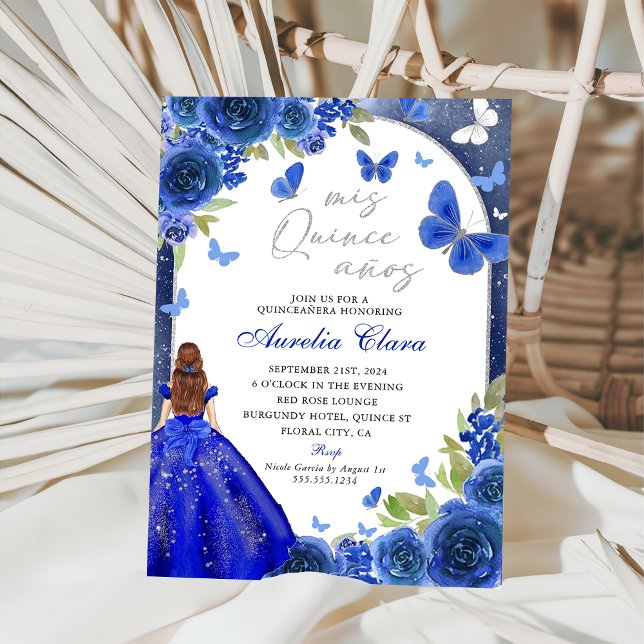 Invitation Mis Quince Anos Blue Silver Rose Quinceanera (Créateur téléchargé)
