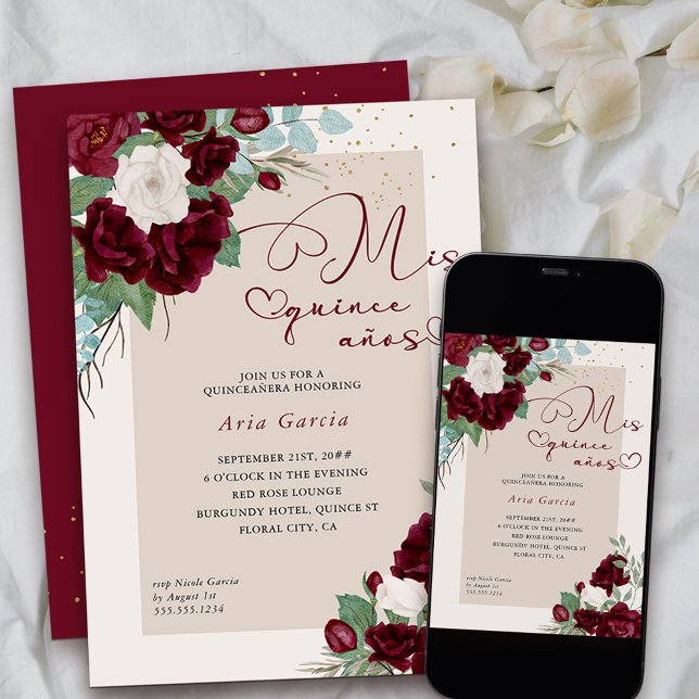 Invitation Mis Quince Anos Burgundy Ivory Floral Quinceanera (Mis Quince anos invitation from my Royal Roses collection
)