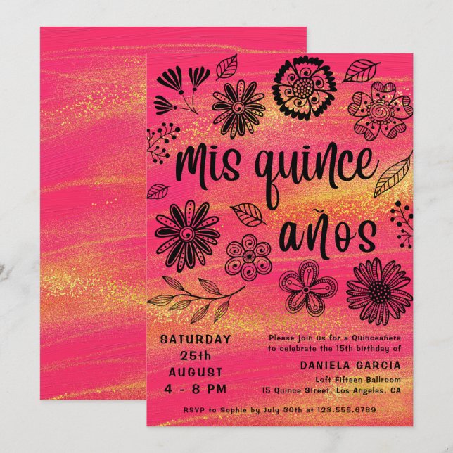 Invitation Mis Quince Años Chic rose Floral Quinceañera (Devant / Derrière)