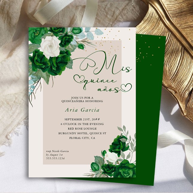 Invitation Mis Quince Anos Emerald Green Floral Quinceanera (Mis Quince Anos Invitation from the Royal Rose Emerald Green Quinceanera Collection by Darling & May)