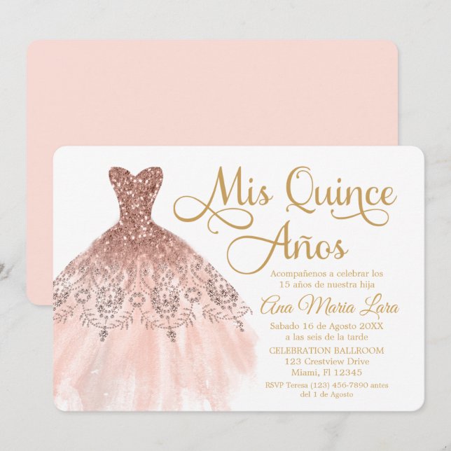Invitation Mis Quince Años Invitación de Quinceañera Rosada (Devant / Derrière)