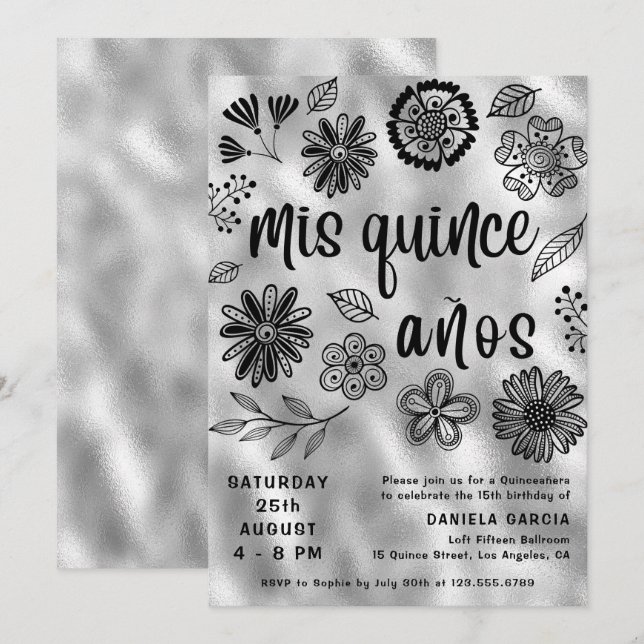 Invitation Mis Quince Años Moderne Silver Floral Quinceañera (Devant / Derrière)