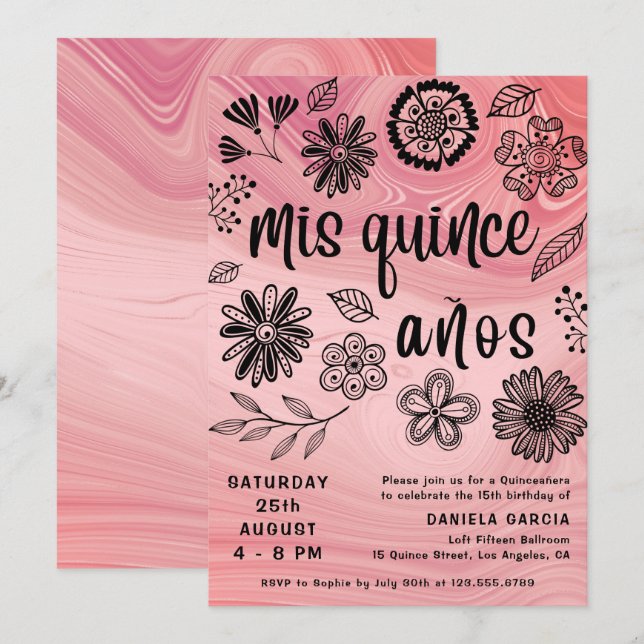 Invitation Mis Quince Años Rose Moderne Floral Quinceañera (Devant / Derrière)