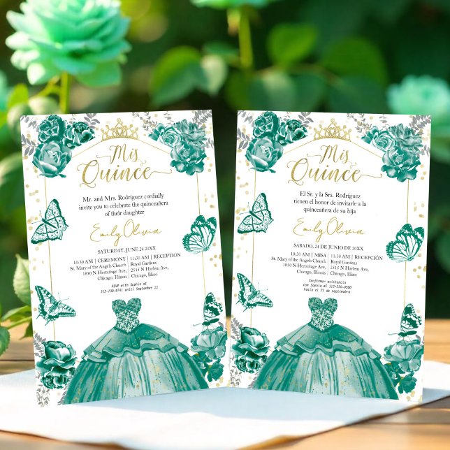 Invitation Mis Quince Bilingue Emerald Green (Créateur téléchargé)