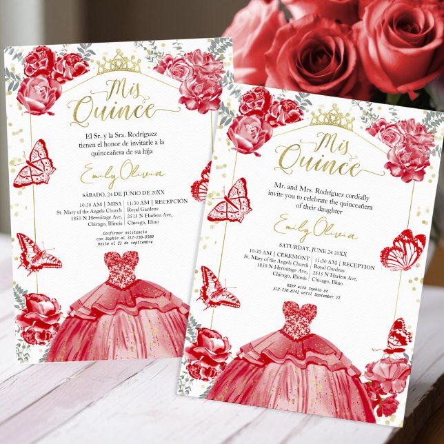 Invitation Mis Quince Bilingue Robe Rouge Floral (Créateur téléchargé)