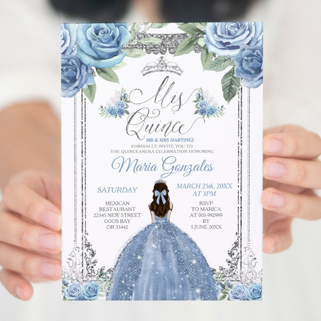 Invitation Mis Quince Dusty Blue & Silver Floral Quinceañera (Créateur téléchargé)