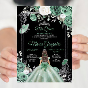 Invitation Mis Quince Dusty Green & Silver Floral Quinceanera