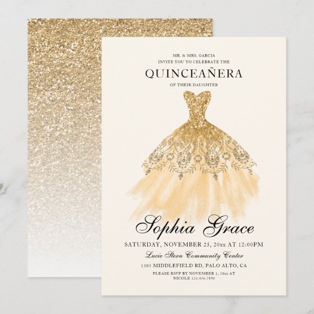 Invitation Mis Quince Elegant Faux Gold Parties scintillant Q (Devant / Derrière)