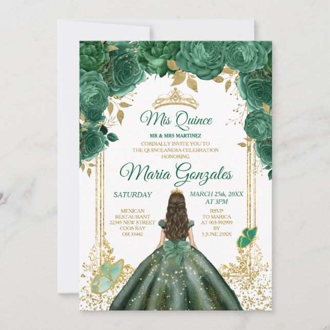 Invitation Mis Quince Emerald Green Butterfly Gold Crown (Devant)