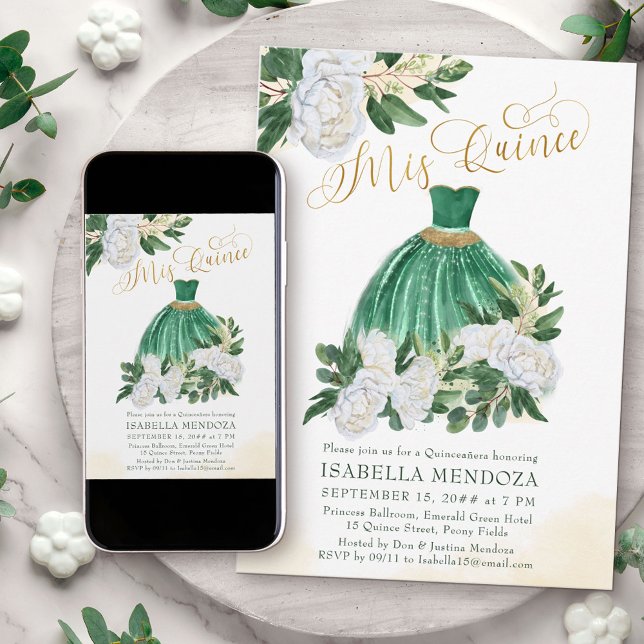 Invitation Mis Quince Emerald Green Peony blanc Quinceanera (Mis Quince Princess Ball Gown Invitation from my Emerald Greenery and White Peony Collection)