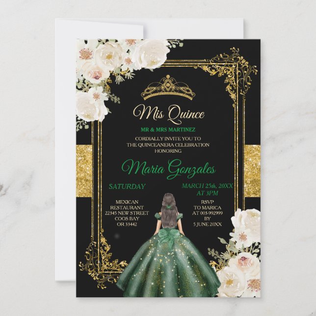Invitation Mis Quince Emerald Vert & Blanc Floral Anniversair (Devant)