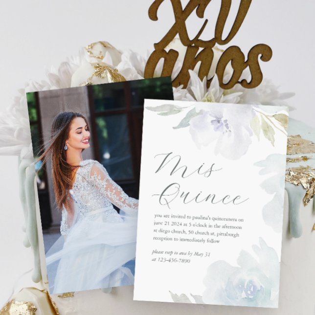 Invitation Mis Quince Floral 15e anniversaire Quinceañera Pho (Beautiful Blue Floral Quinceañera Photo Invitation)