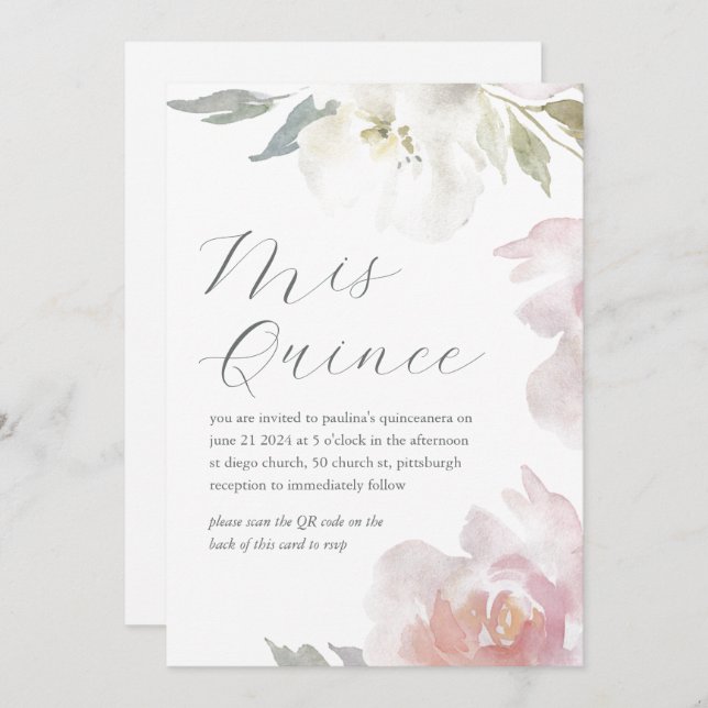 Invitation Mis Quince Floral Anniversaire Quinceañera QR Code (Devant / Derrière)