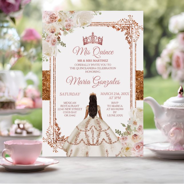 Invitation Mis Quince Ivory Cooper Floral Anniversaire Couron (Créateur téléchargé)