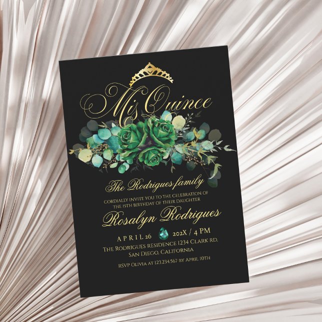 Invitation Mis Quince noir vert floral 15e anniversaire (Créateur téléchargé)