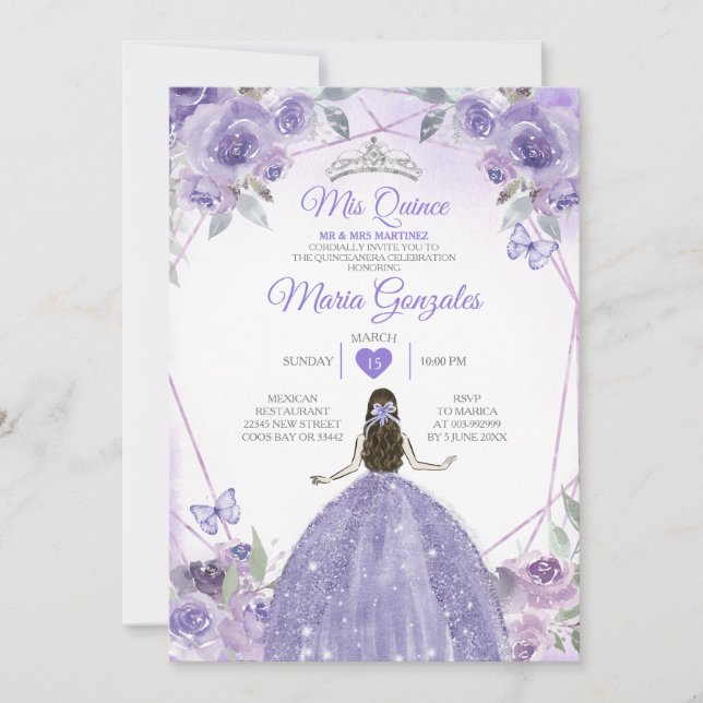 Invitation Mis Quince Purple Lavender 15 Anos Argent Couronne (Devant)