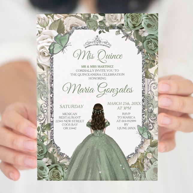 Invitation Mis Quince Sage Green & Silver Floral Quinceañera (Créateur téléchargé)