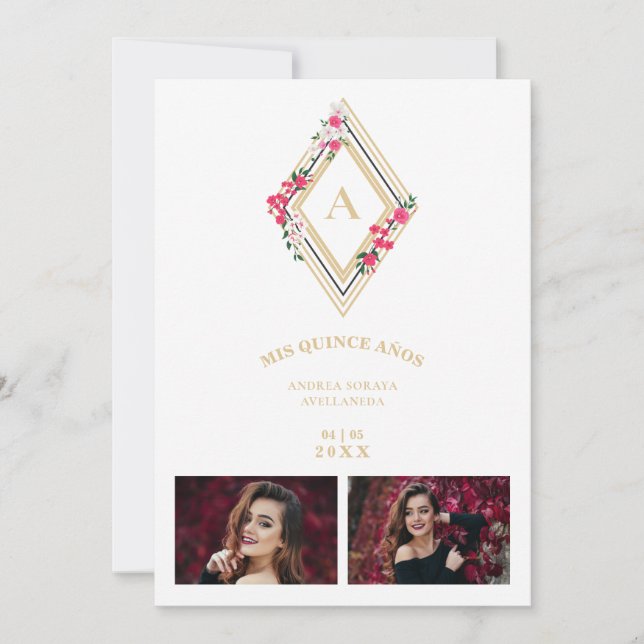 Invitation Mis XV Initial 2 Photos Gold effect Floral Diamond (Devant)