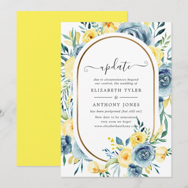 Invitation Mise à jour de mariage floral turquoise et jaune (Devant / Derrière)
