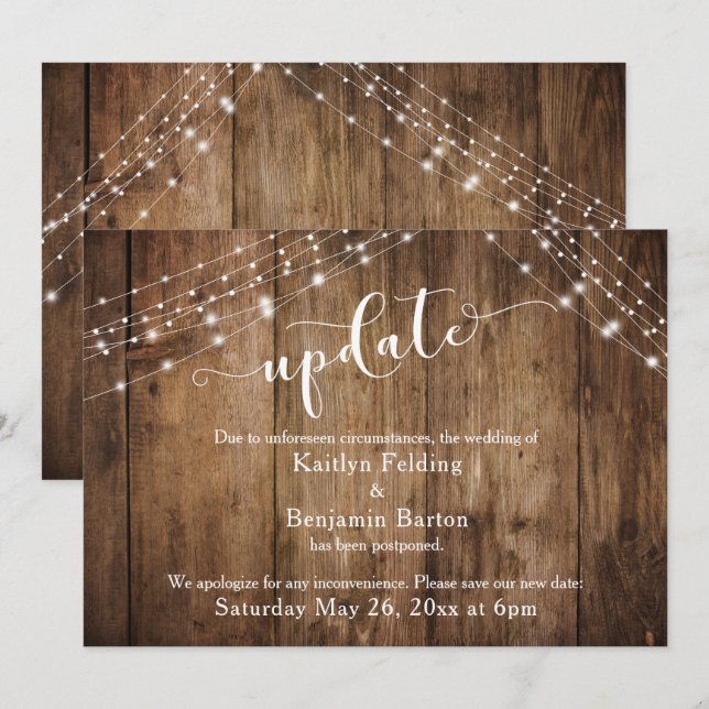 Invitation Mise à jour du Mariage reportée, bois rustique et  (Devant / Derrière)