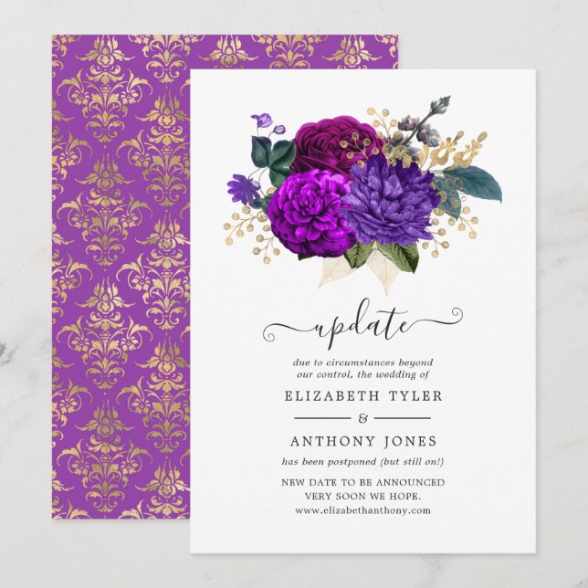 Invitation Mise à jour du Mariage Royal Purple et Gold Floral (Devant / Derrière)