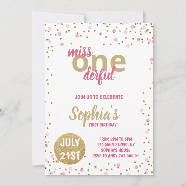 Invitation Miss Onederful Girl First Birthday Pink Confetti (Devant)