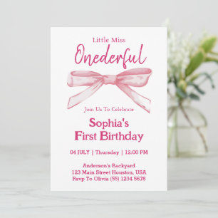 Invitation Miss ONEDERFUL Pink Bow Girl 1er anniversaire