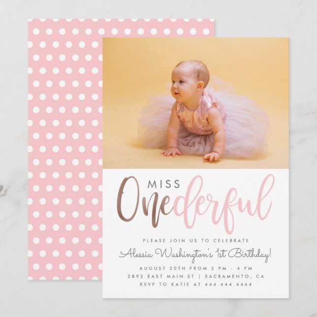 Invitation Miss Rose Cute Onederful Script Photo 1er annivers (Devant / Derrière)