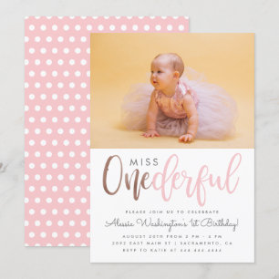 Invitation Miss Rose Cute Onederful Script Photo 1er annivers