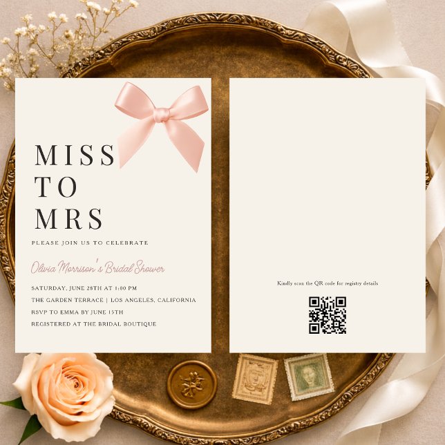 Invitation Miss to Mrs Blush Pink Bow QR Code Bridal Shower (Créateur téléchargé)