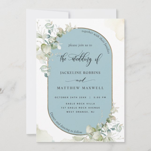 Invitation Mist Blue, Eucalyptus Oval Arch, Mariage de verdur (Devant)