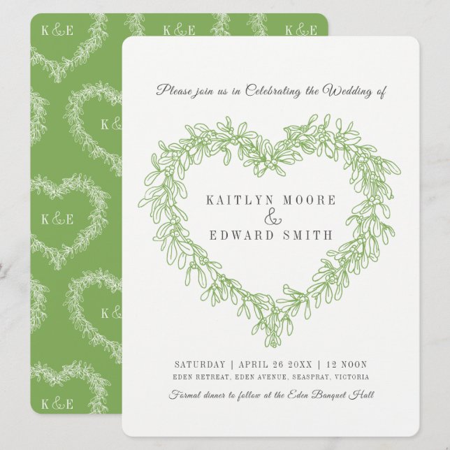 Invitation Mistletoe ligne coeur art mariage vert blanc (Devant / Derrière)