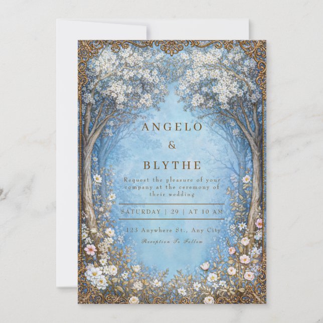 Invitation Misty Blue Enchanted Forest Gold Frame Wedding (Devant)