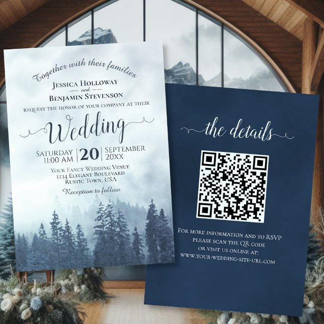 Invitation Misty Blue Mountain Pines Rustic QR Code Mariage (Front/Back)