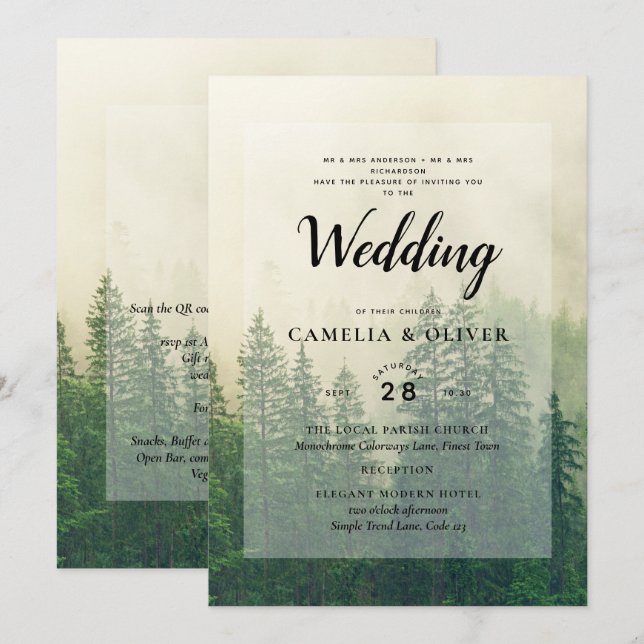 Invitation Misty Green Forest Pine Trees Mariage (Devant / Derrière)