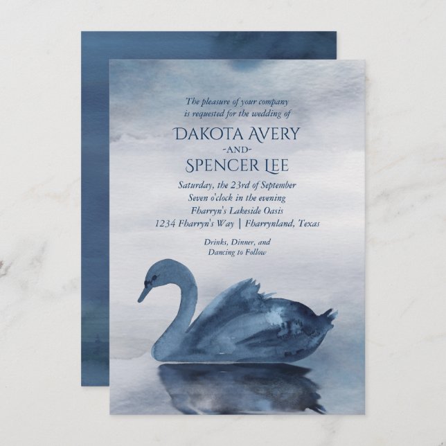 Invitation Misty Reflections | Dusty Blue Swan Lake Mariage (Devant / Derrière)