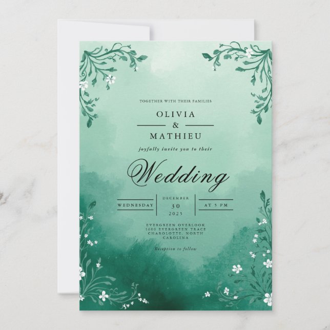 Invitation Misty Turquoise Foliage Arch Mariage (Devant)