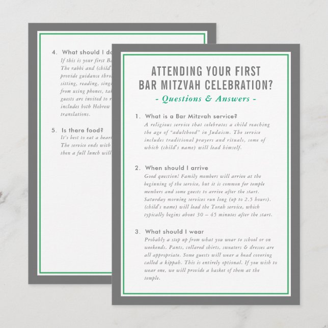 Invitation MITZVAH service information questions advice green (Devant / Derrière)