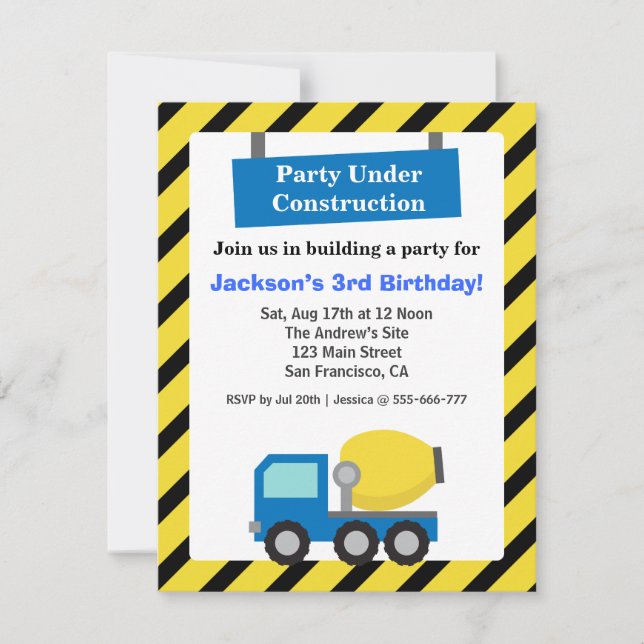 Invitation Mixer Truck Construction Thème anniversaire de enf (Devant)