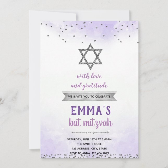 Invitation mizvah de chauve-souris d'argent violet (Devant)