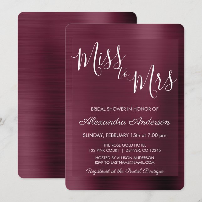 Invitation Mlle à Mme Burgundy Fête des mariées (Devant / Derrière)